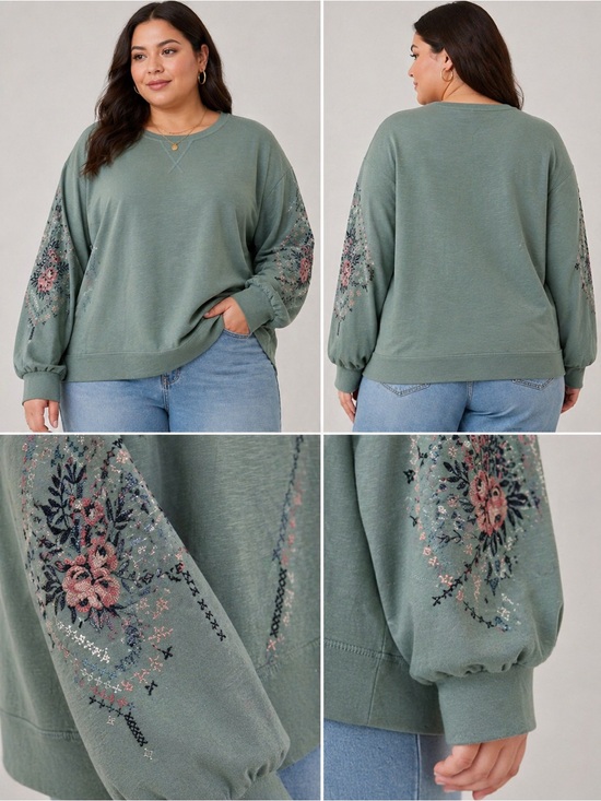 Knox Rose Tops - Knox Rose 4X Sage Green Embroidered Sweatshirt Boho Floral NWT